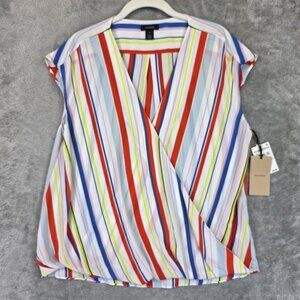 Halogen Blouse Womens Medium White Multi Stripe Surplice Cap Sleeve Nordstrom